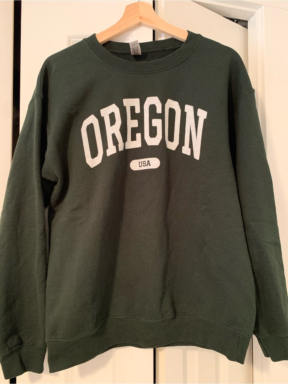 Gildan Dark Green Crewneck Sweatshirt with White OREGON USA Print